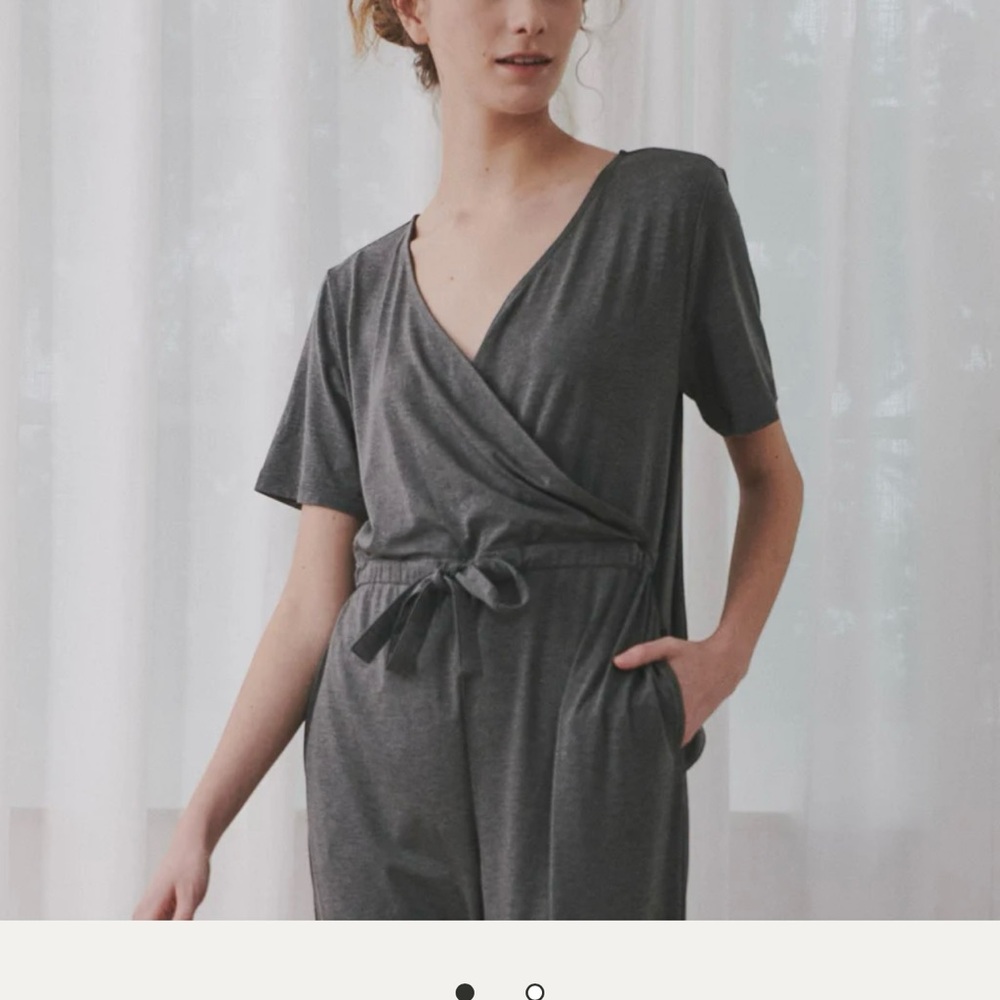 Gray Wrap Jumpsuit with Tie Waist and Wide-Leg Pants